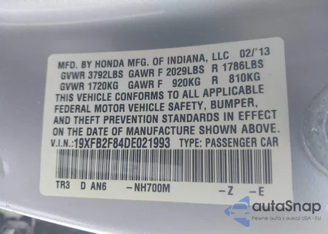 2013 Honda Civic Ex from USA, damaged, VIN 19XFB2F84DE021993